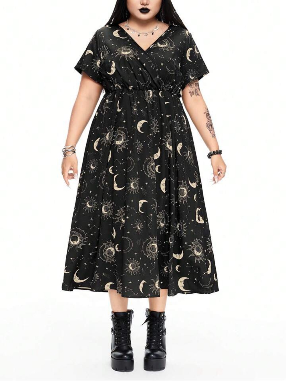 ROMWE Black Midi Dress with Cream Celestial Print